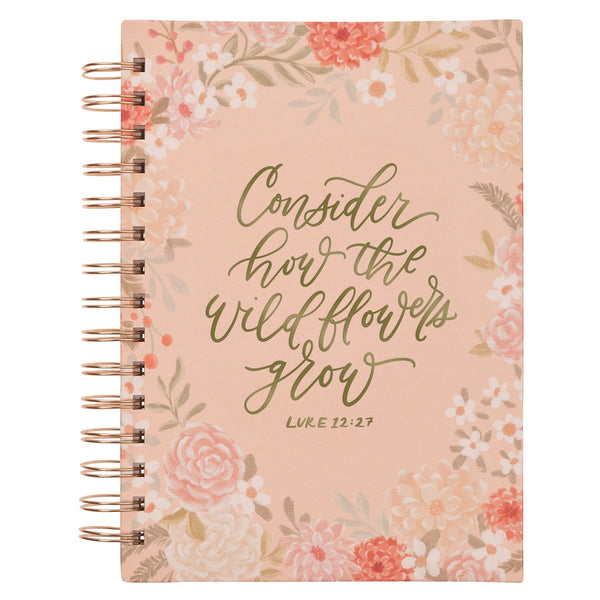 Consider the Wildflowers Peach Floral Spiral Journal - Luke 12:27 - KI Gifts Christian Supplies