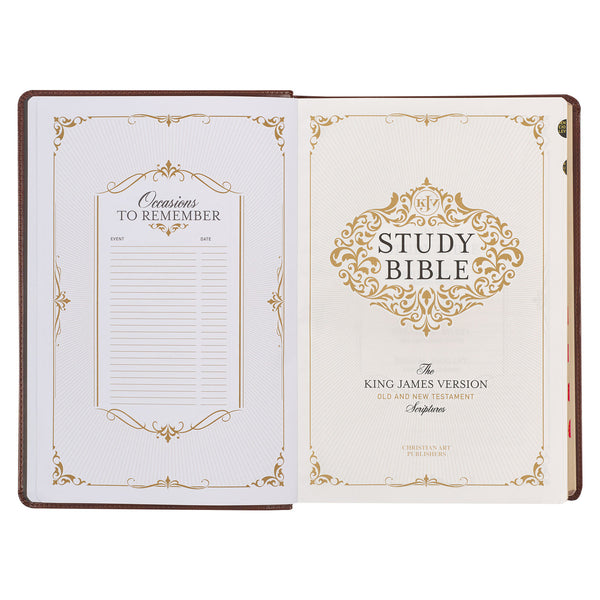 Art Nouveau Framed Toffee Brown Faux Leather Large Print King James Study Bible with Thumb Index