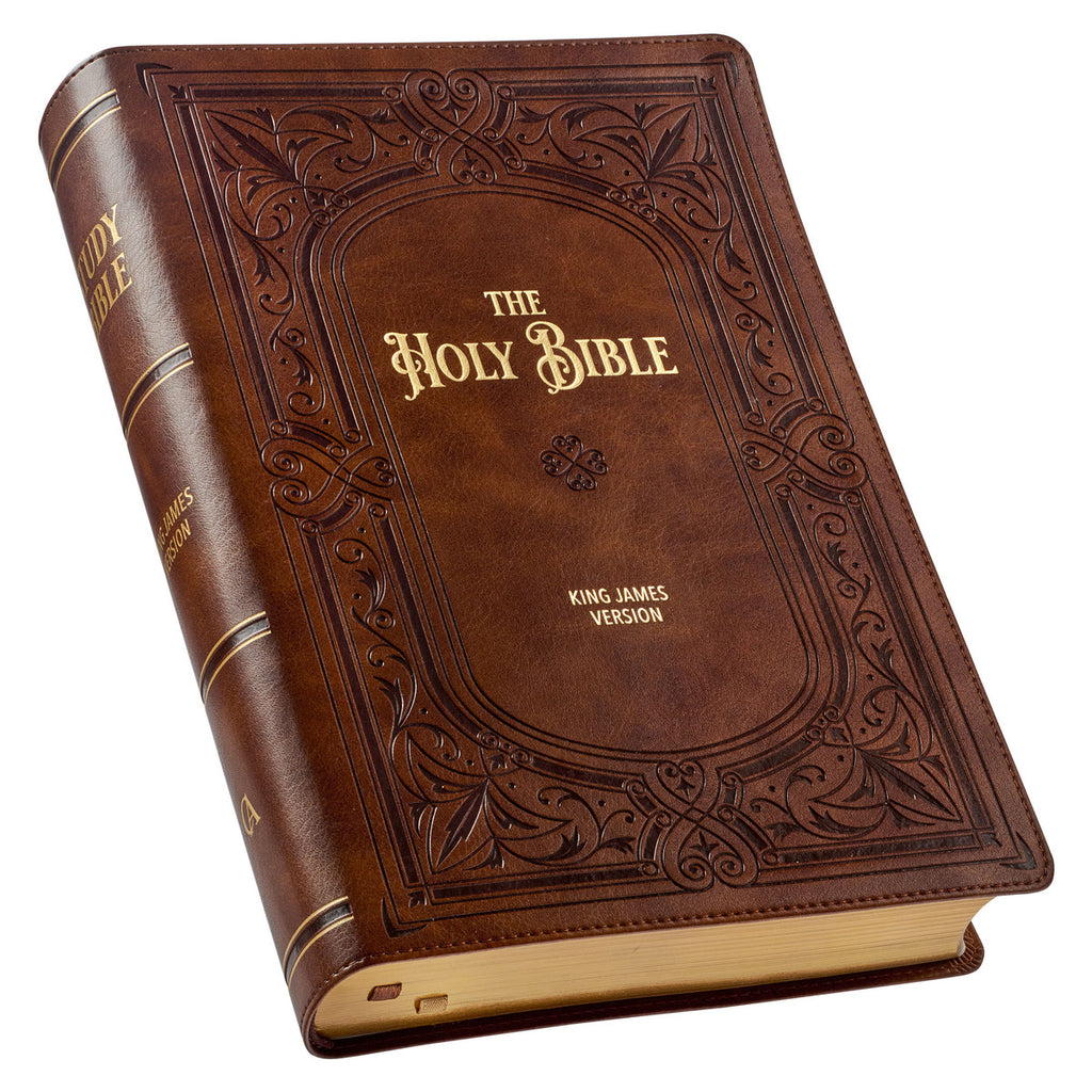 Art Nouveau Framed Toffee Brown Faux Leather Large Print King James Study Bible with Thumb Index