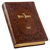Art Nouveau Framed Toffee Brown Faux Leather Large Print King James Study Bible with Thumb Index
