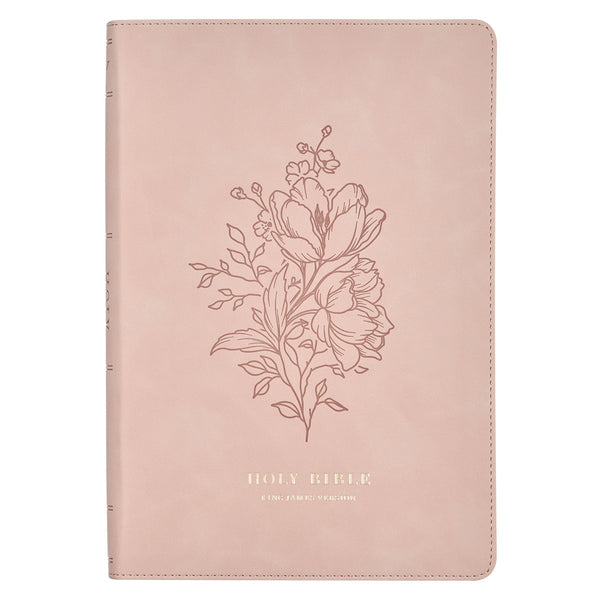 Pink Floral Faux Leather Large Print Thinline King James Version Bible with Thumb Index - KI Gifts Christian Supplies