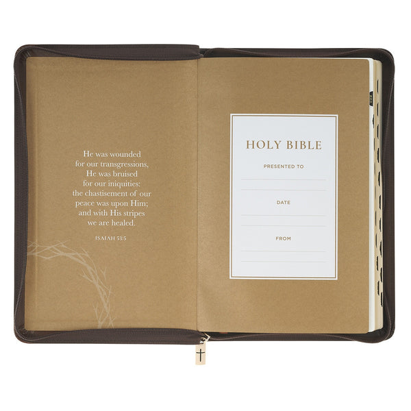 Crown of Thorns Two-tone Brown Faux Leather King James Version Deluxe Gift Bible with Thumb Index and Zipper Closure