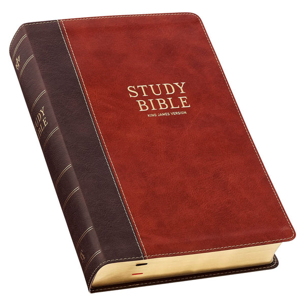 Dark Brown and Honey Brown Faux Leather Large Print King James Version Study Bible with Thumb Index - KI Gifts Christian Supplies