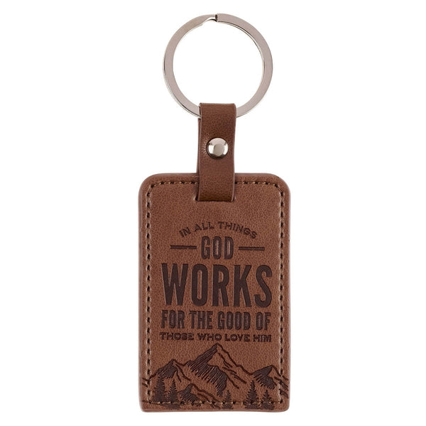God Works for the Good Brown Faux Leather Keychain - Romans 8:28 - KI Gifts Christian Supplies