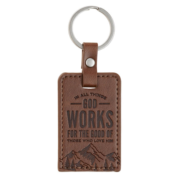 God Works for the Good Brown Faux Leather Keychain - Romans 8:28