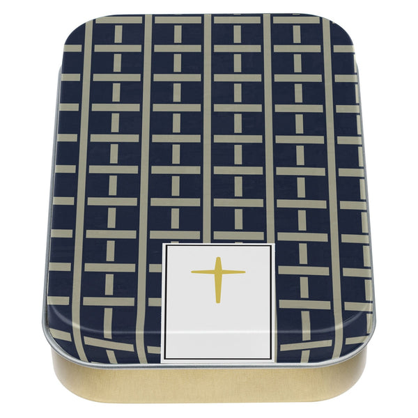 The Plans Modern Blue Grid Keychain in a Gift Tin - Jeremiah 29:11