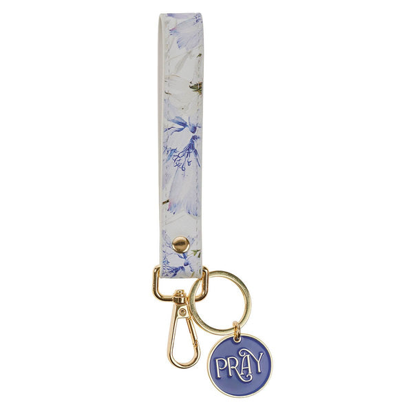 Pray Blue Floral Faux Leather Wristlet Keychain - Job 22:27