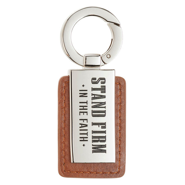 Stand Firm in the Faith Honey-brown Faux Leather and Silver Metal Keychain - 1 Corinthians 16:13