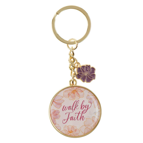 Walk by Faith Pink Cosmos Metal Keychain with Link Chain Medallion - 2 Corinthians 5:7