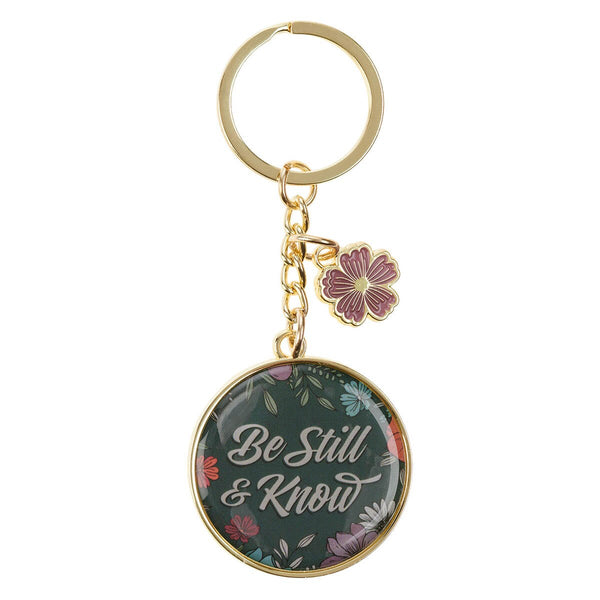 Be Still Teal Botanical Metal Keychain with Link Chain Medallion - Psalm 46:10