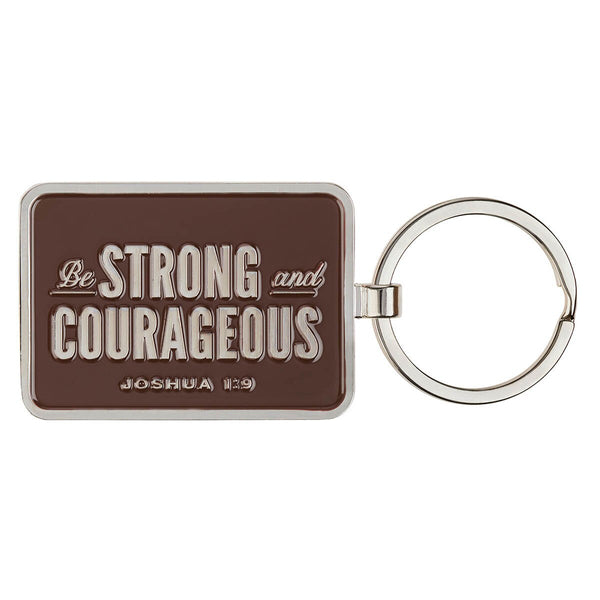 Be Strong and Courageous Brown Epoxy-filled Silver Metal Keychain - Joshua 1:9