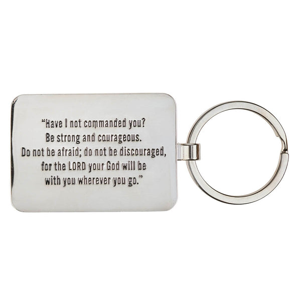 Be Strong and Courageous Brown Epoxy-filled Silver Metal Keychain - Joshua 1:9