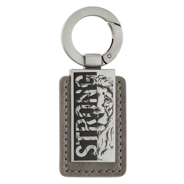 Strong Lion Gray Faux Leather and Silver Metal Keychain - Joshua 1:9