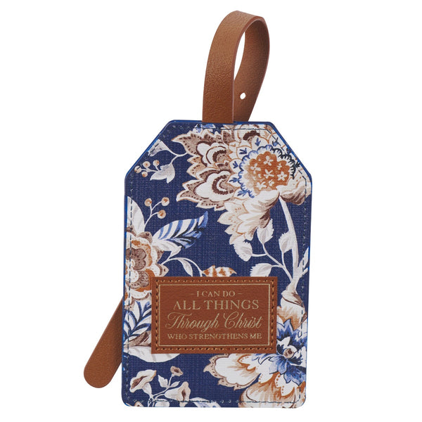 I Can Do All Things Honey-brown and Navy Floral Faux Leather Luggage Tag - Philippians 4:13 - KI Gifts Christian Supplies