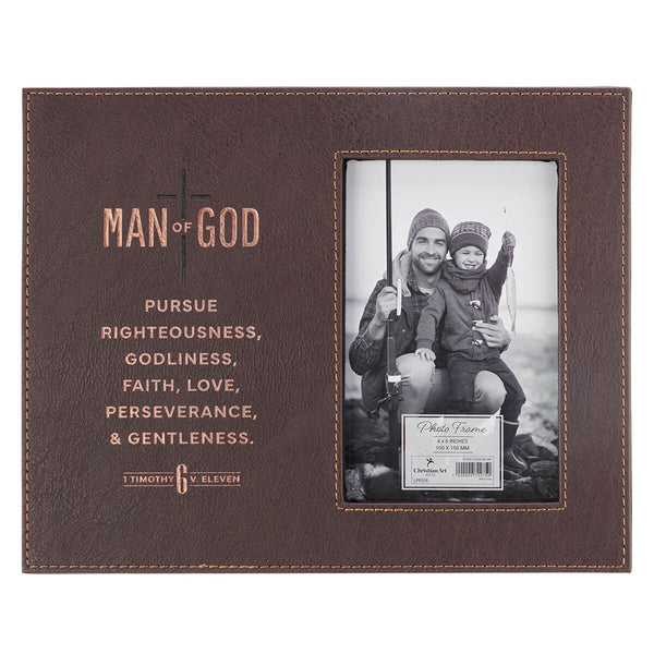 Man of God Brown Faux Leather Photo Frame - 1 Timothy 6:11