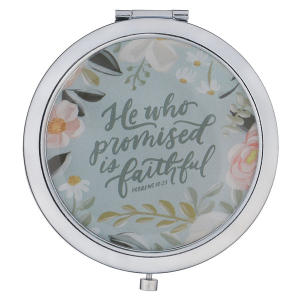 He Who Promised Silver Metal Compact Mirror - Hebrews 10:23 - KI Gifts Christian Supplies