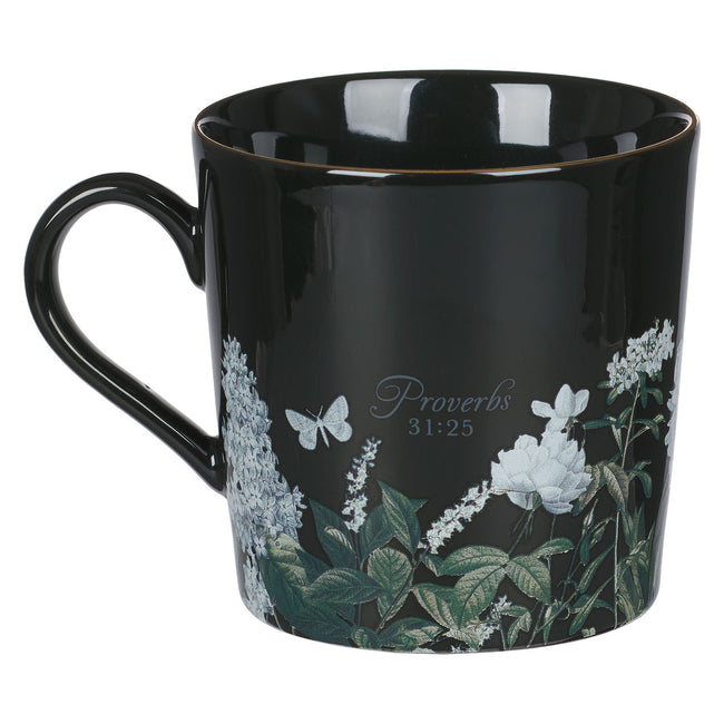 Strength and Dignity Black Floral Ceramic Coffee Mug - Proverbs 31:25