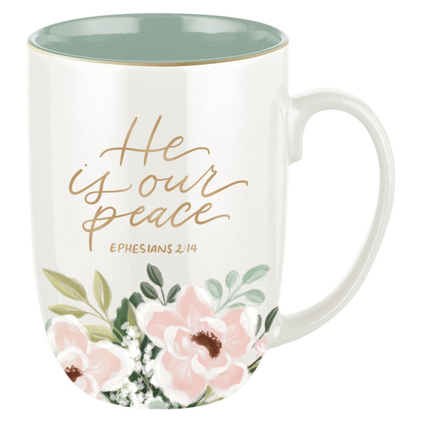 He Is Our Peace Green Floral Ceramic Coffee Mug – Ephesians 2:14 - KI Gifts Christian Supplies