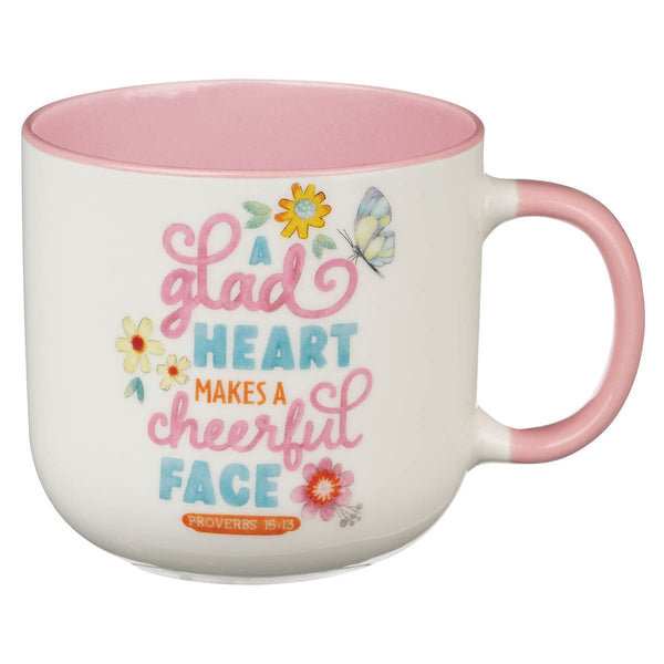 A Glad Heart Makes a Cheerful Face Pink Ceramic Mug - Proverbs 15:13 - KI Gifts Christian Supplies