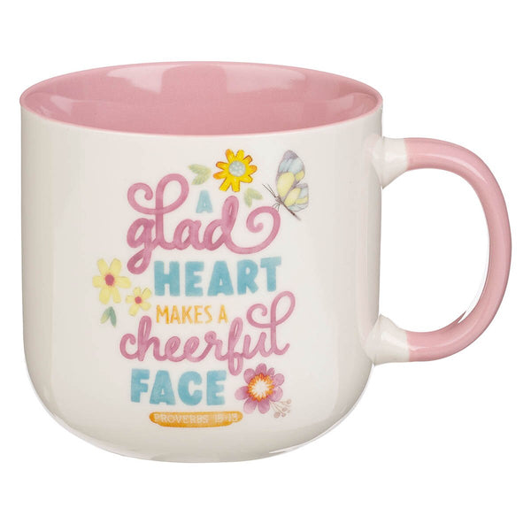 A Glad Heart Makes a Cheerful Face Pink Ceramic Mug - Proverbs 15:13