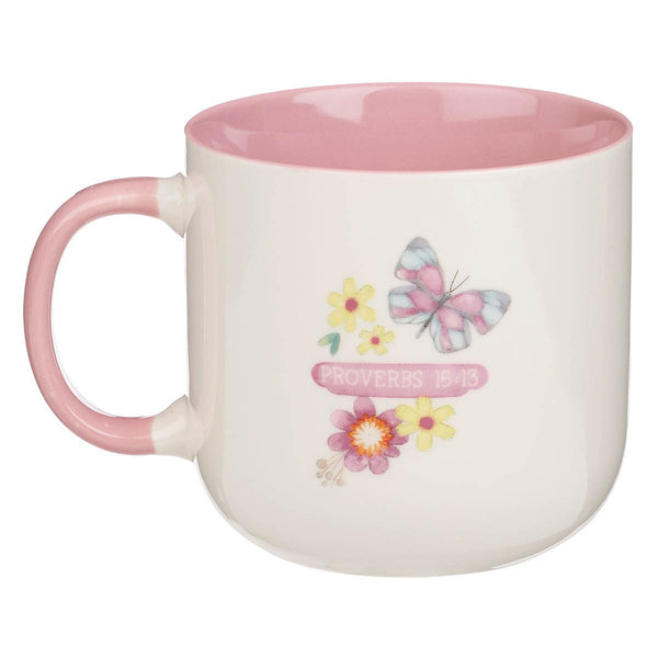 A Glad Heart Makes a Cheerful Face Pink Ceramic Mug - Proverbs 15:13
