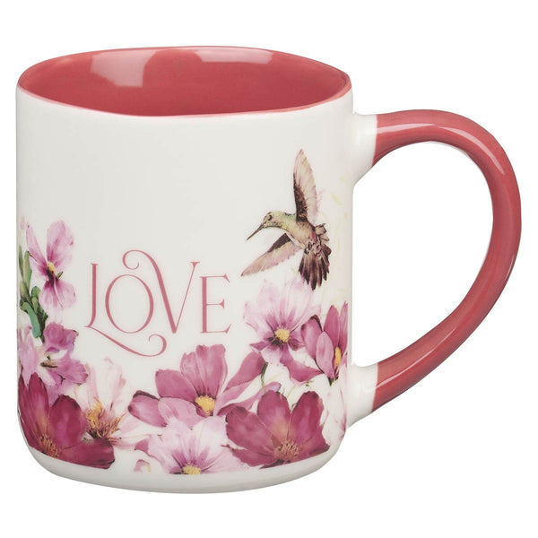 Love Cherry Pink Hummingbird Ceramic Coffee Mug - 1 Corinthians 13:4 - KI Gifts Christian Supplies