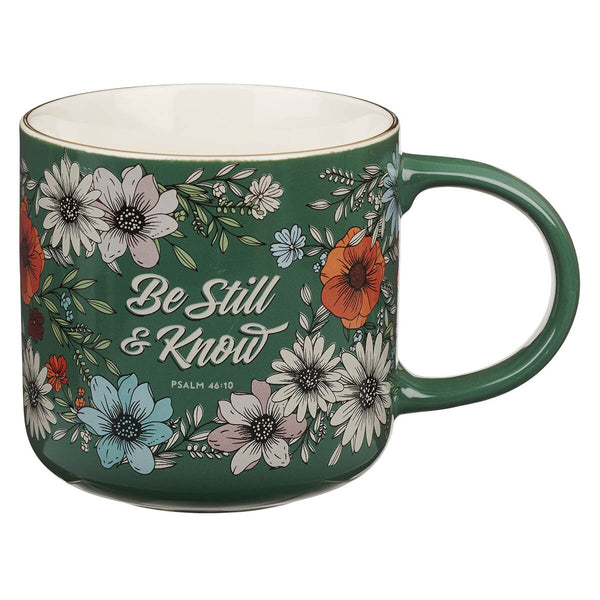 Be Still Teal Botanical Ceramic Coffee Mug - Psalm 46:10