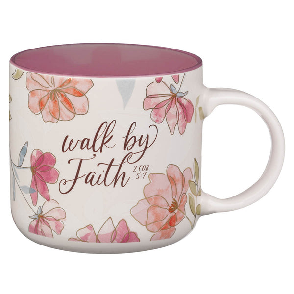 Walk by Faith Pink Cosmos Ceramic Mug - 2 Corinthians 5:7 - KI Gifts Christian Supplies