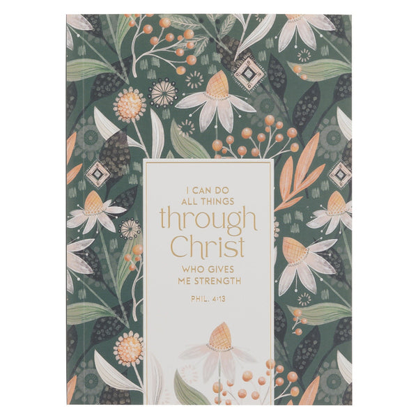 The Through Christ Green Floral Medium Notebook - Philippians 4:13 - KI Gifts Christian Supplies