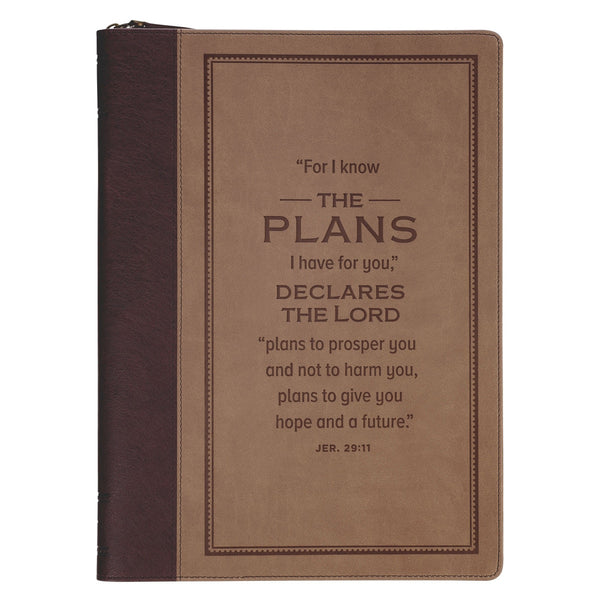 The Plans Cocoa Brown and Taupe Faux Leather Executive Padfolio - Jeremiah 29:11 - KI Gifts Christian Supplies