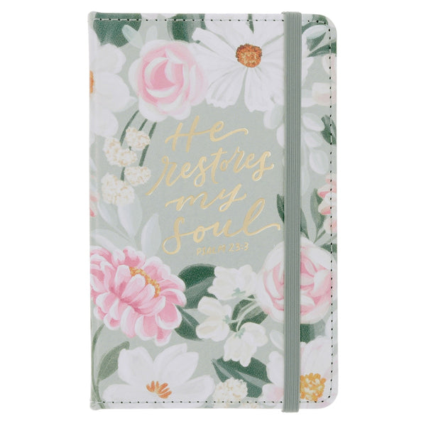 He Restores My Soul Green Floral Faux Leather Hardcover Notebook with Elastic Closure - Psalm 23:3 - KI Gifts Christian Supplies