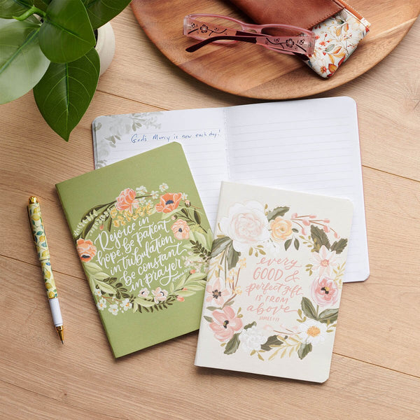 Good Gift and Rejoice Green and Cream Floral Medium Notebook Set