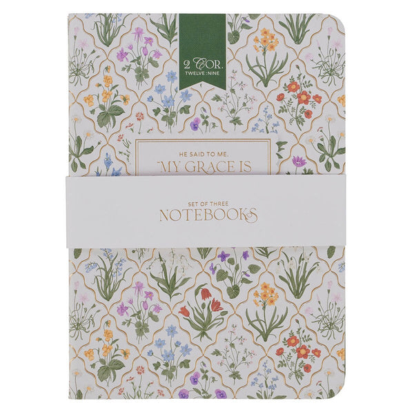 Sufficient Grace Floral Lattice Notebook Set - 2 Corinthians 12:9