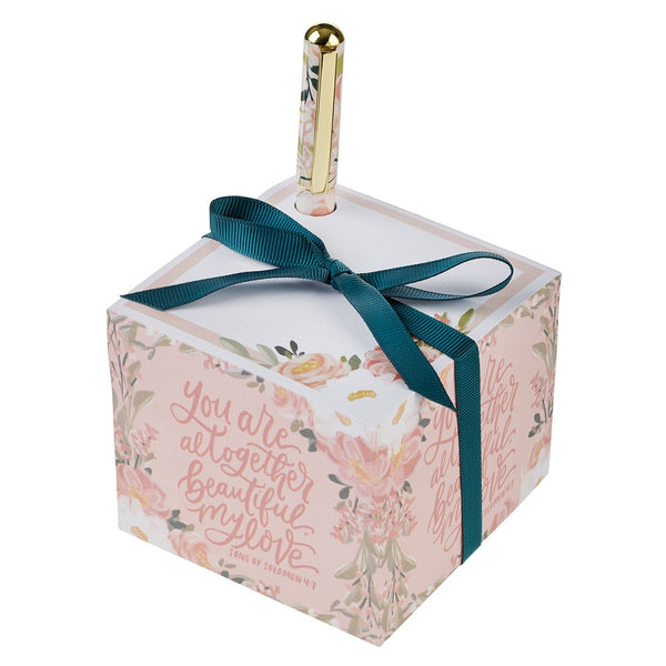 You Are Altogether Beautiful Pink Floral Note Block with Pen Set - Song of Solomon 4:7 - KI Gifts Christian Supplies
