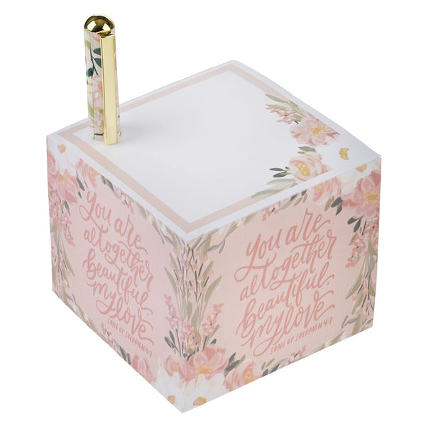 You Are Altogether Beautiful Pink Floral Note Block with Pen Set - Song of Solomon 4:7