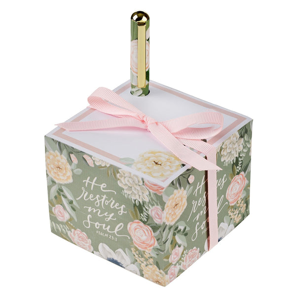 He Restores My Soul Green Floral Note Block and Pen Set - Psalm 23:3 - KI Gifts Christian Supplies