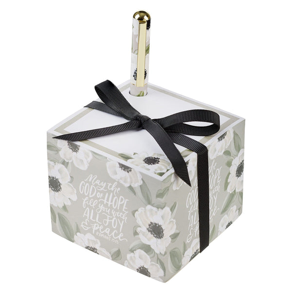 Joy and Peace Monochromatic Floral Note Block with Pen Set - Romans 15:13