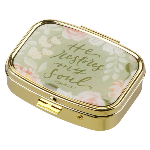 He Restores My Soul Green Floral Pill Case - Psalm 23:3 - KI Gifts Christian Supplies