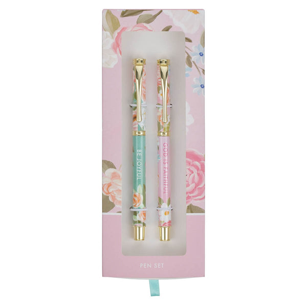 Joyful and Faithful Pink and Green Floral Pen Set - KI Gifts Christian Supplies