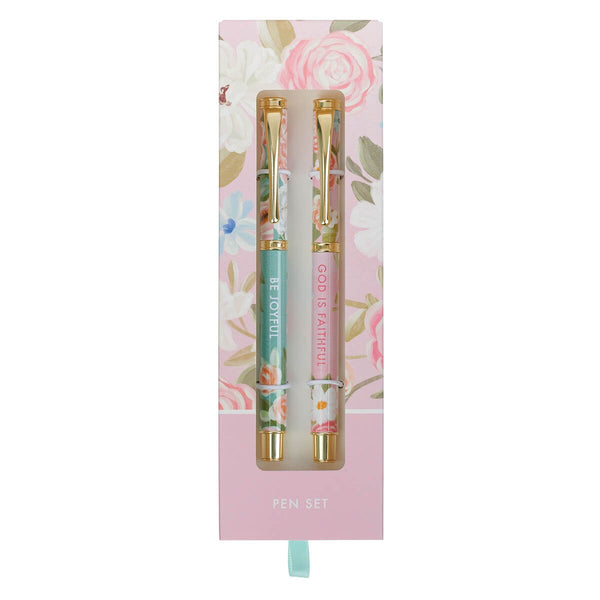 Joyful and Faithful Pink and Green Floral Pen Set