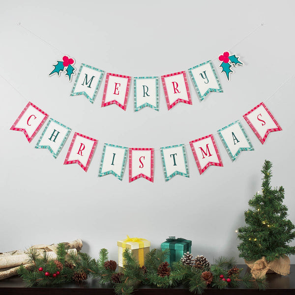 Merry Christmas Red and Teal Plaid Paper Garland - KI Gifts Christian Supplies