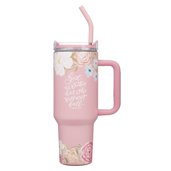 God is With Her Pink Floral 40 oz Stainless Steel Tumbler with Straw - KI Gifts Christian Supplies