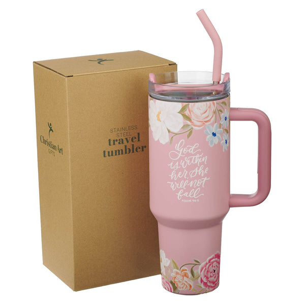 God is With Her Pink Floral 40 oz Stainless Steel Tumbler with Straw