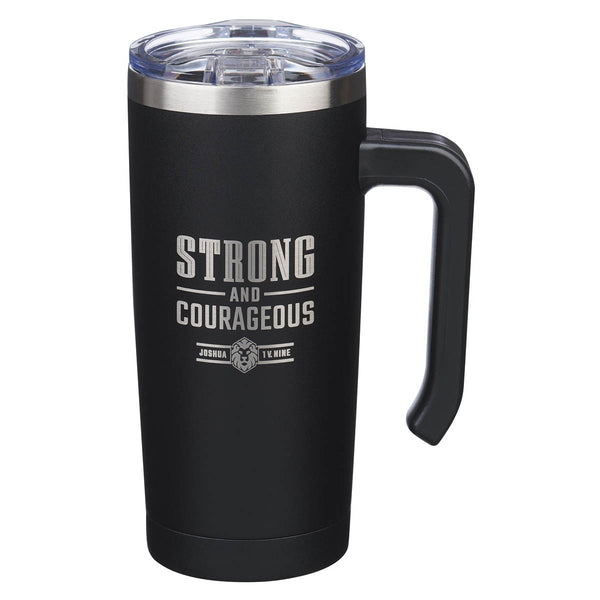 Strong and Courageous Black Stainless Steel Travel Mug with Handle - Joshua 1:9 - KI Gifts Christian Supplies