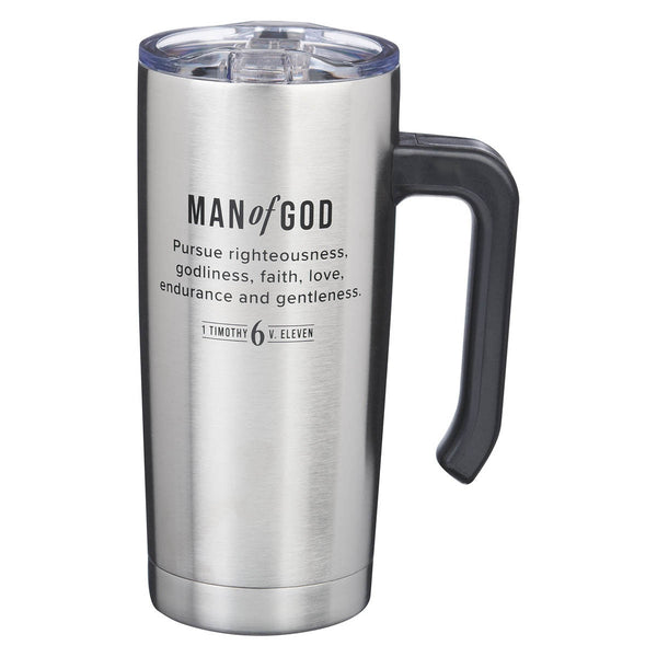Man of God Stainless Steel Travel Mug with Handle - 1 Timothy 6:11 - KI Gifts Christian Supplies
