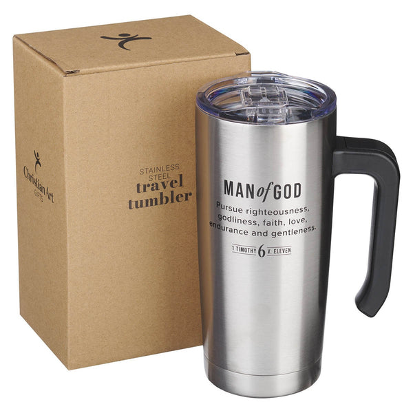 Man of God Stainless Steel Travel Mug with Handle - 1 Timothy 6:11