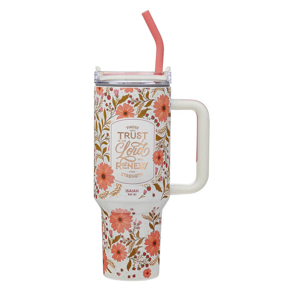 Trust In The Lord Coral Cascade 40 oz Stainless Steel Tumbler with Straw - Isaiah 40:31
