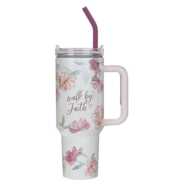 Walk by Faith Pink Cosmos 40 oz Stainless Steel Tumbler with Straw - 2 Corinthians 5:7 - KI Gifts Christian Supplies
