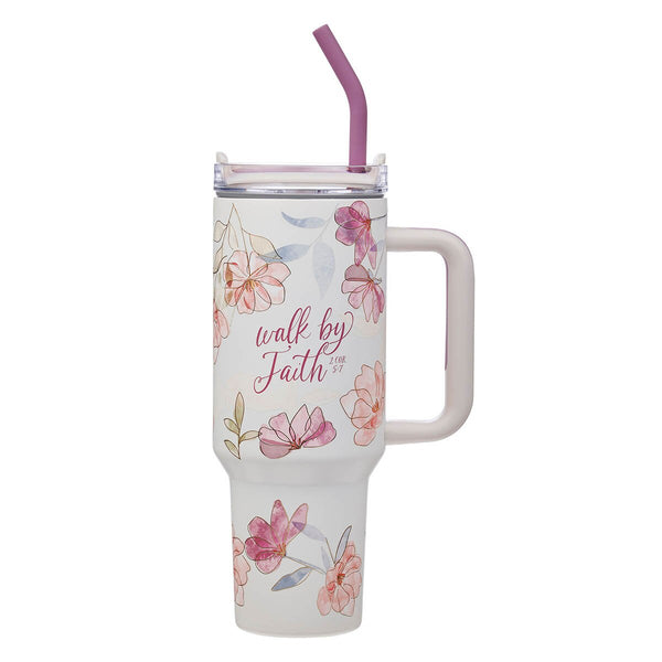 Walk by Faith Pink Cosmos 40 oz Stainless Steel Tumbler with Straw - 2 Corinthians 5:7