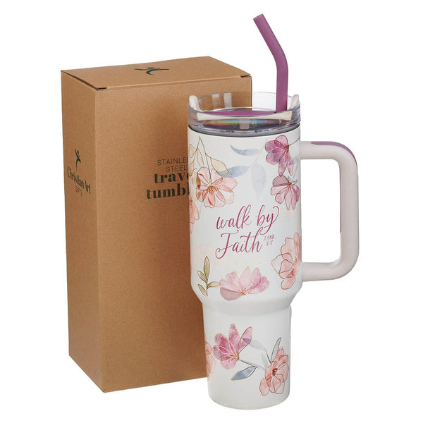 Walk by Faith Pink Cosmos 40 oz Stainless Steel Tumbler with Straw - 2 Corinthians 5:7